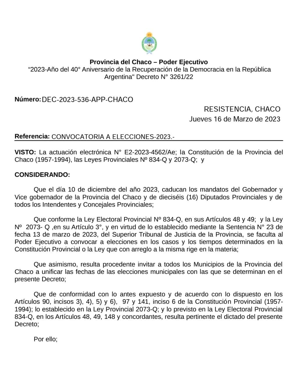 *CHACO DEFINIÓ EL CALENDARIO ELECTORAL PARA 2023*