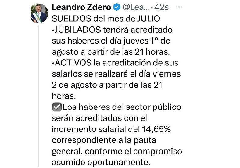 EL GOBERNADOR ZDERO ANUNCIÓ EL CRONOGRAMA DE PAGOS DEL MES DE JULIO
